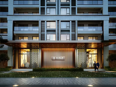 Modern Residential Building Entrance With Decorative Facade Lawn Lighting And Pedestrians 3d model