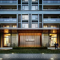 Modern Residential Building Entrance With Decorative Facade Lawn Lighting And Pedestrians