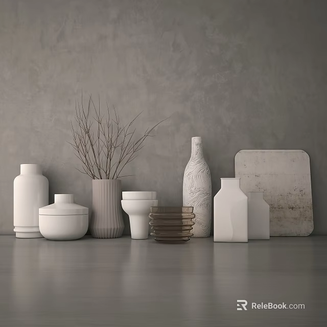 Minimalist Ceramic Vases With Dried Branches On Gray Wall Background 3d model
