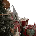 Christmas Themed Decorative Ornament Set With Tree Red Armchair Gnome Doll And Gift Boxes
