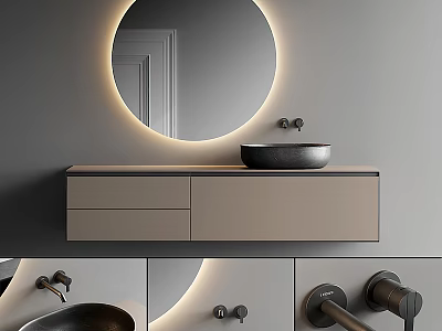 Modern Bathroom Sink Vanity With Round Backlit Mirror Countertop Basin And Storage Cabinets 3d model