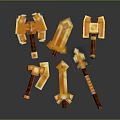3D Rendered Pixel Style Weapons Collection With Orange Axes Swords And Hammers