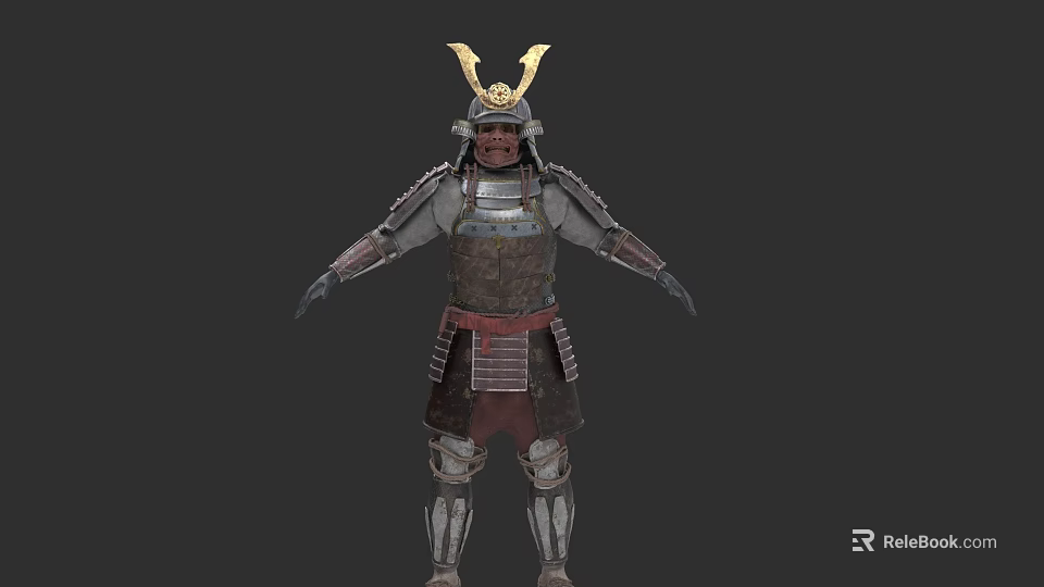 Detailed Game Movie Character Wearing Traditional Samurai Armor With Golden Headdress 3d model 