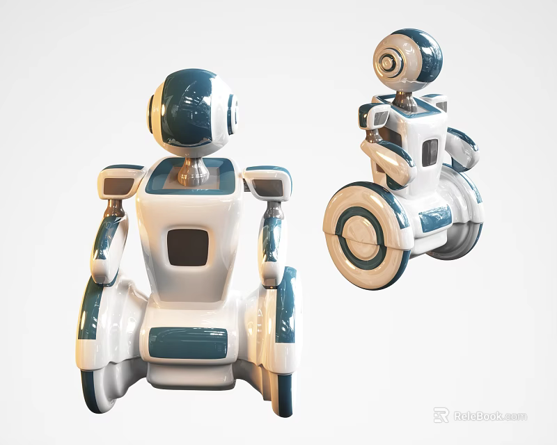 Smart Robots With Blue White Body Design Wheels And Rotating Head 3d model 