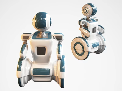 Smart Robots With Blue White Body Design Wheels And Rotating Head 3d model