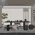 Elegant Modern Chinese Tea Room Interior With Wooden Tea Table Display Shelves And Round Mirror