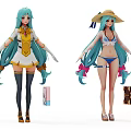 Anime Game Characters With Turquoise Hair Straw Hat Bikini Dress And Pink Bows