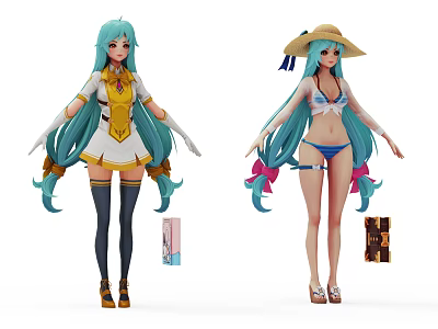 Anime Game Characters With Turquoise Hair Straw Hat Bikini Dress And Pink Bows 3d model