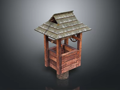 Traditional Rustic Wooden Well House Architecture With Sloped Roof And Wooden Wheel 3d model