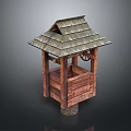 Traditional Rustic Wooden Well House Architecture With Sloped Roof And Wooden Wheel