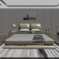 Double Bed Bedroom Interior With Beige Headboard Grey Mattress Nightstand Lamp Sailing Boat Painting And Striped Rug