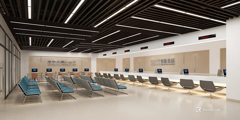 Spacious Modern Government Service Hall With Service Counters Computers and Seats in Comprehensive Area 3d model 