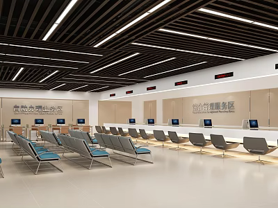 Spacious Modern Government Service Hall With Service Counters Computers and Seats in Comprehensive Area 3d model
