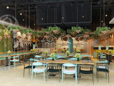 Modern Restaurant Interior With Hanging Greenery Wooden Dining Tables And Blue Chairs 3d model