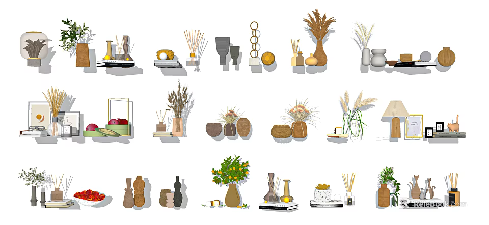 Stylish Home Decor Ornament Sets with Vases Dried Flowers Scented Diffusers and Fruit Decor 3d model 
