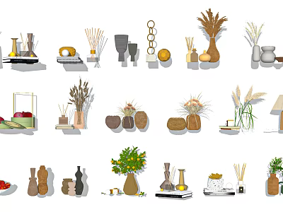 Stylish Home Decor Ornament Sets with Vases Dried Flowers Scented Diffusers and Fruit Decor 3d model