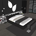 Modern Black Leather Double Bed with White Gray Bedding Headboard and Wooden Floor Decor