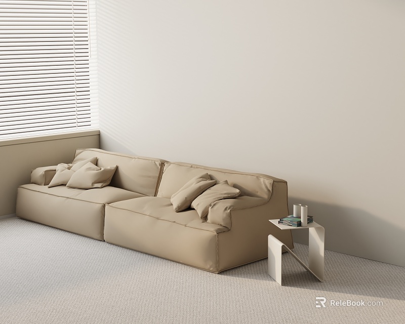 Modern Beige Three Seater Sofa in Minimalist Room with Light Wall and Side Table 3d model 
