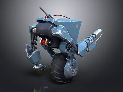 Mechanical Robot Character With Metal Legs Tire Weapon Components And Red Accents 3d model