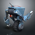 Mechanical Robot Character With Metal Legs Tire Weapon Components And Red Accents
