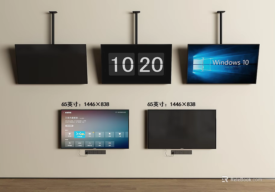 Various TV Screens With 1446X888 Size Displaying Windows 10 And Digital Time 3d model 