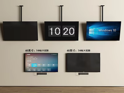Various TV Screens With 1446X888 Size Displaying Windows 10 And Digital Time 3d model