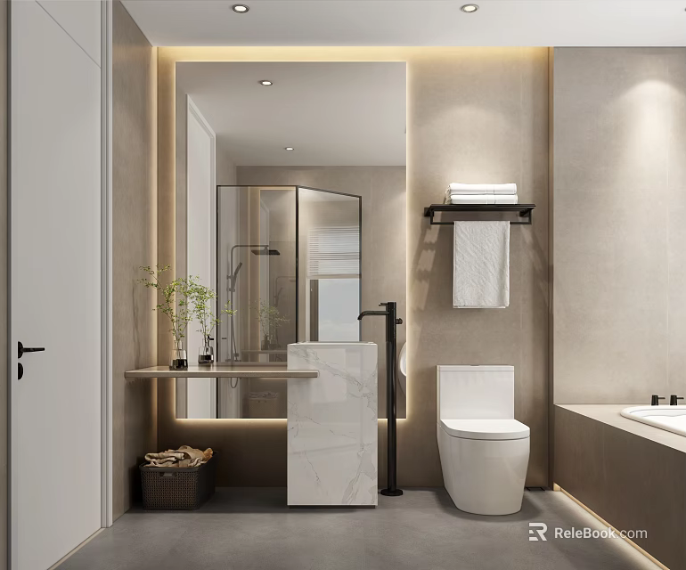 Modern Bathroom Interior With Large Mirror Marble Vanity Toilet And Bathtub 3d model 