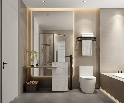 Modern Bathroom Interior With Large Mirror Marble Vanity Toilet And Bathtub 3d model