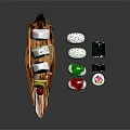 Wooden Sushi Boat Serving Platter with Colorful Sushi Rolls and Decorative Design