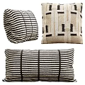 Stylish Striped and Geometric Pattern Pillows with Leather and Woven Textures in Black and Beige