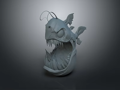 3D Fish Model with Open Mouth Sharp Teeth Large Eyes Tentacles and Fins 3d model