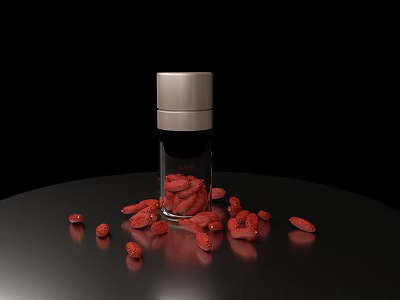 Goji Berries in Glass Bottle with Scattered Berries on Black Surface 3d model