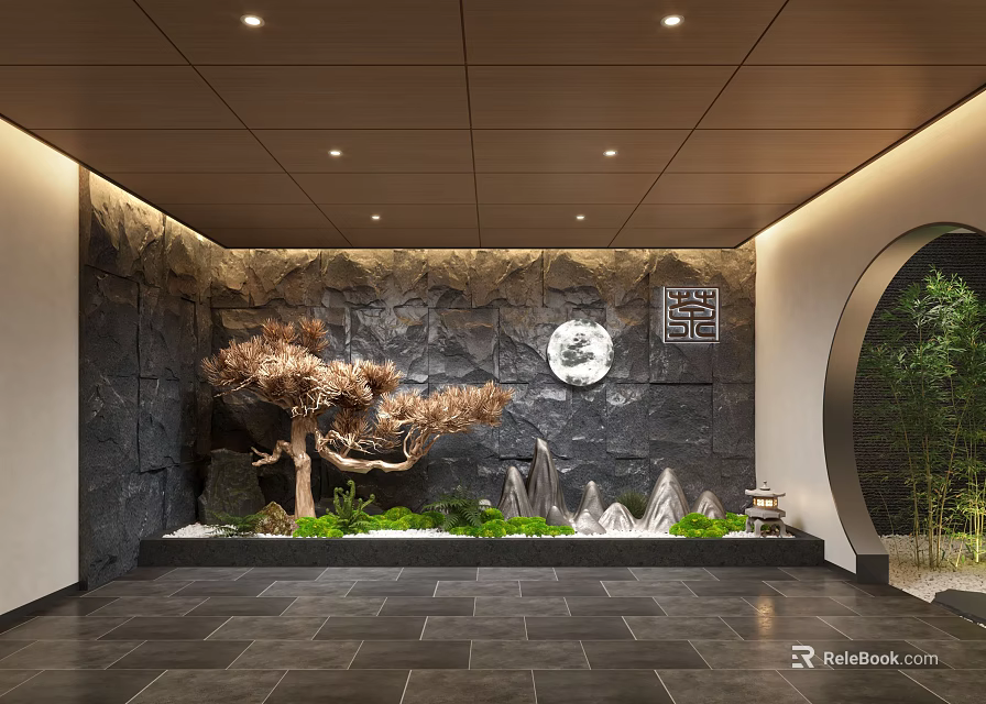 Elevator Lobby Interior With Rock Wall Pine Tree Water Feature Circular Art And Bamboo 3d model