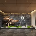 Elevator Lobby Interior With Rock Wall Pine Tree Water Feature Circular Art And Bamboo 3d model