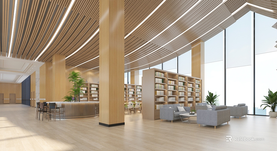Modern Library Aesthetic Interior Design With Bookshelves Sofas And Plants 3d model 