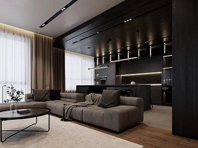 Modern Living And Dining Area With Gray Sofa Black Coffee Table Wooden Floor Hanging Lights 3d model