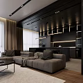 Modern Living And Dining Area With Gray Sofa Black Coffee Table Wooden Floor Hanging Lights