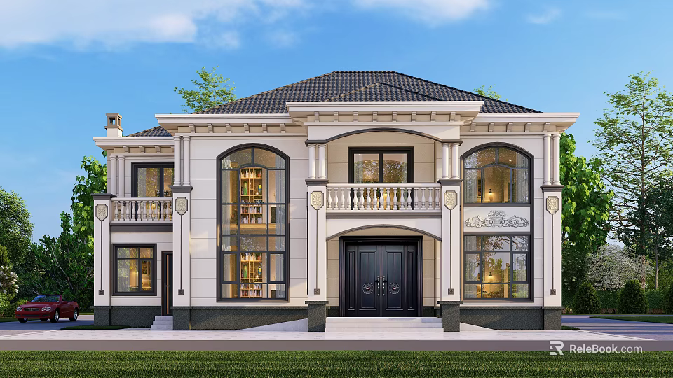 Elegant Two Story Detached Villa With White Exterior Black Roof And Arched Windows 3d model 