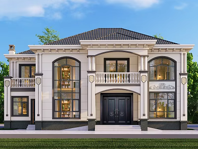 Elegant Two Story Detached Villa With White Exterior Black Roof And Arched Windows 3d model