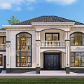 Elegant Two Story Detached Villa With White Exterior Black Roof And Arched Windows