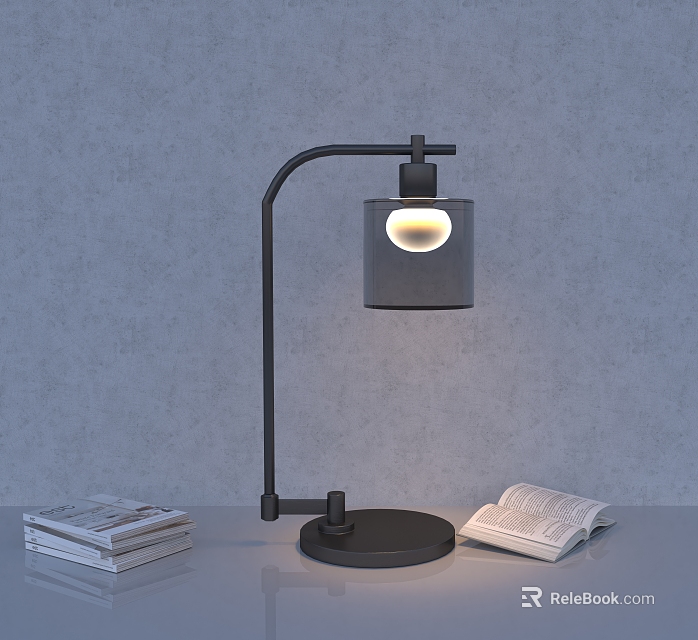 Modern Black Desk Lamp with Cylindrical Shade Newspaper and Open Book 3d model 