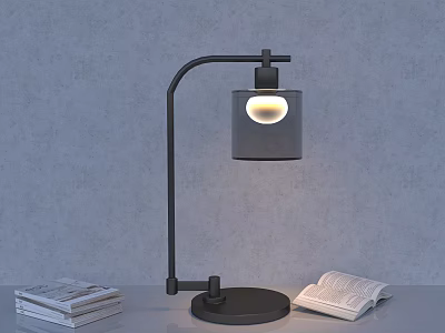 Modern Black Desk Lamp with Cylindrical Shade Newspaper and Open Book 3d model