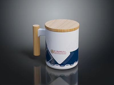 Modern Ceramic Mug With Wooden Lid Handle White Blue Patterns For Daily Use 3d model