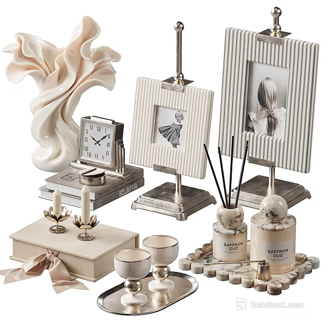 Elegant Decorative Ornament Set With Photo Frames Clock Scented Diffuser Candles And Figurine 3d model 