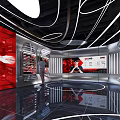 FPX Exhibition Hall With Modern Red And Black Design Display Cabinets Screens And Character Posters