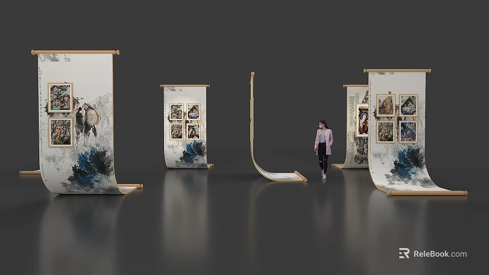 Contemporary Art Display Interior With Exhibition Island Multiple Display Stands And Artworks 3d model 