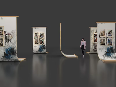 Contemporary Art Display Interior With Exhibition Island Multiple Display Stands And Artworks 3d model