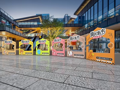 Colorful Fresh Market Stalls In Outdoor Setting With Modern Buildings And Trees 3d model
