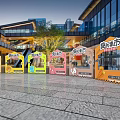 Colorful Fresh Market Stalls In Outdoor Setting With Modern Buildings And Trees