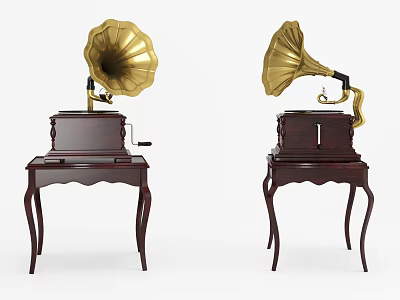 Vintage Gramophones With Golden Horns Dark Wooden Base And Carved Decorative Legs 3d model